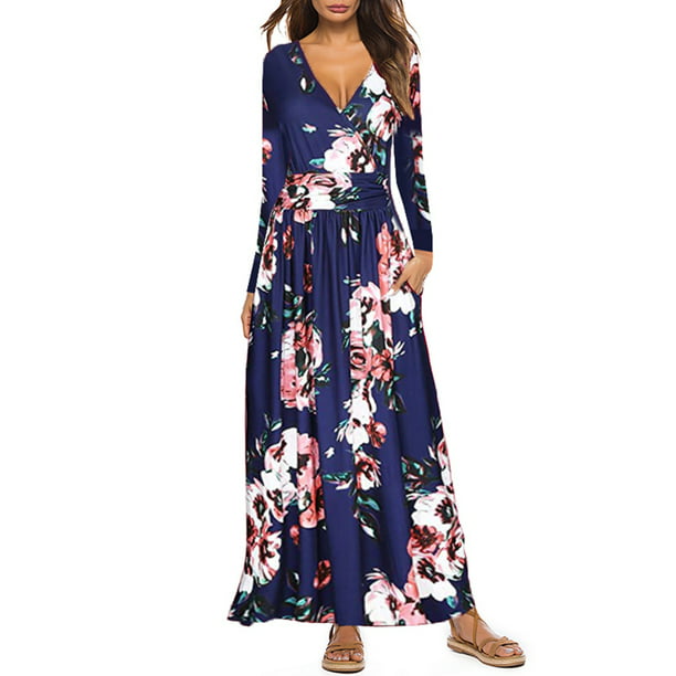 Casual Boho Dresses Evening Long Sleeve Party Dress Cocktail Maxi Floral V Neck 